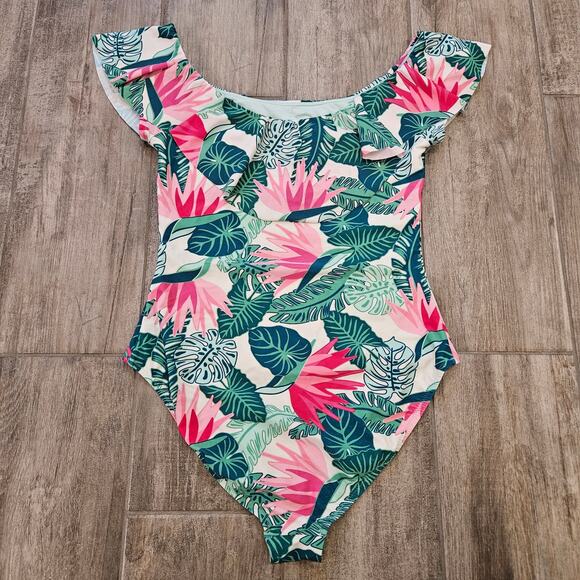 Matilda Jane Palm Tree Paradise Green/Pink Ruffle One Piece Swimsuit Size M - Picture 7 of 13